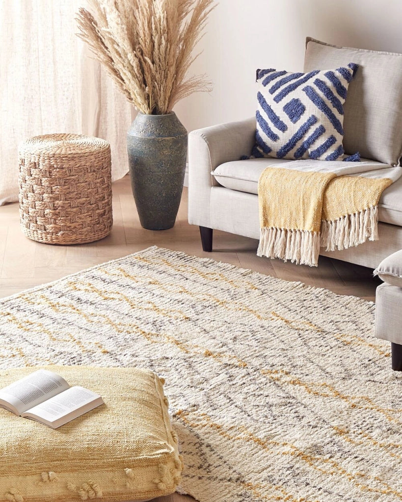 Tappeto in cotone beige 160 x 230 cm rettangolare motivo geometrico soggiorno camera da letto