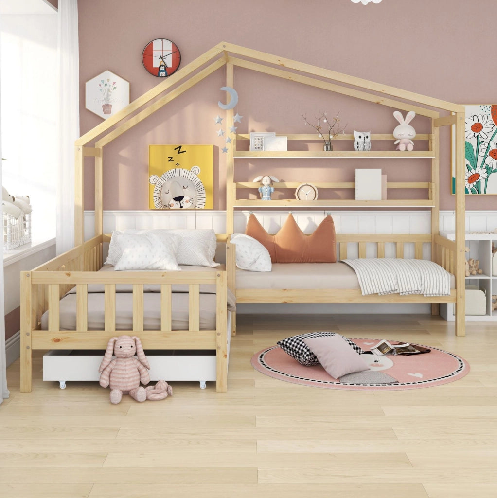 Letto a casetta bambini a L con cassetto, 90x200 + 140x70 cm