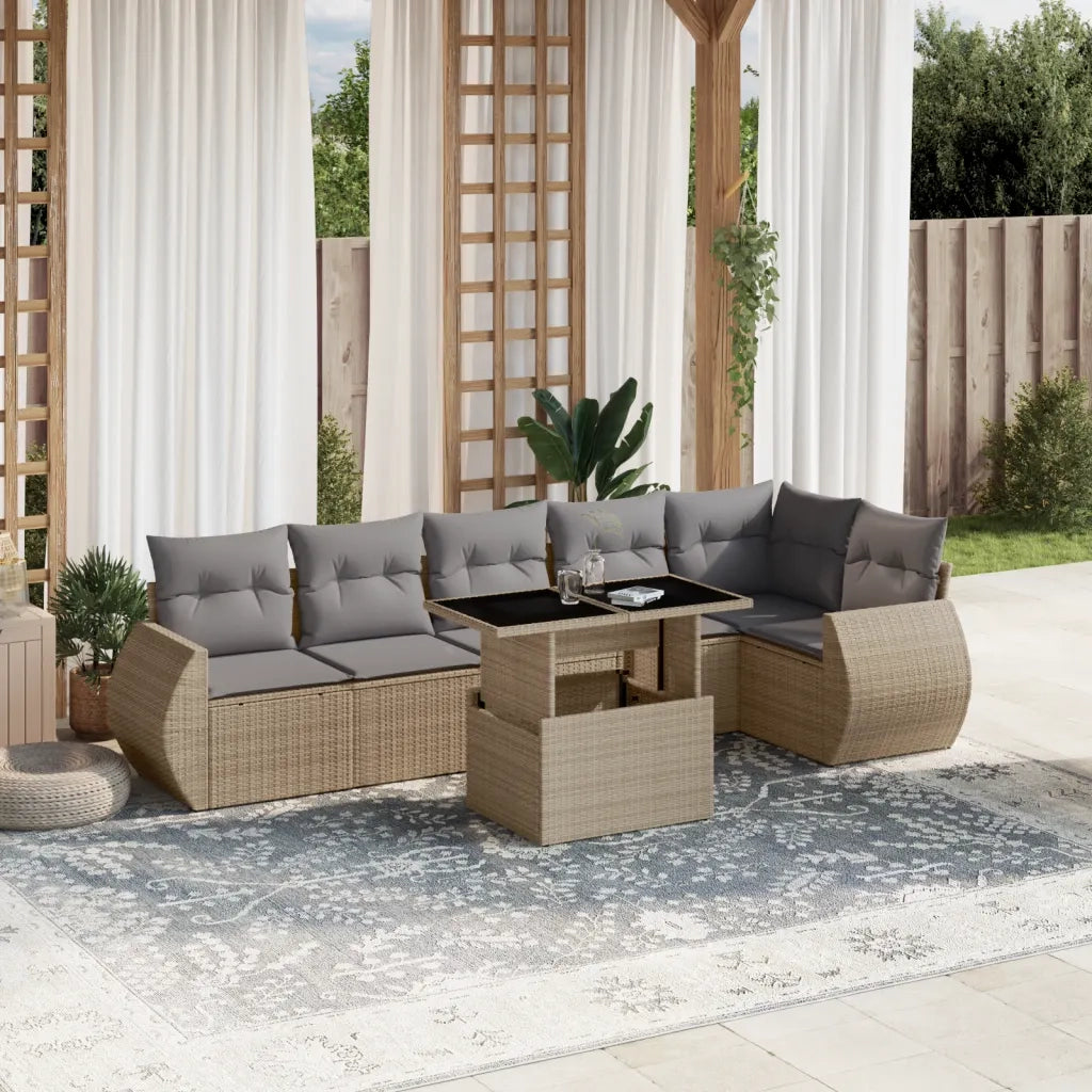 Set Divani da Giardino 7 pz con Cuscini Beige in Polyrattan