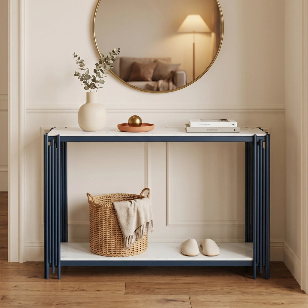 Consolle con 2 ripiani in effetto marmo bianco e metallo nero, per ingresso e soggiorno, 123.5 × 33.5 × 80 cm