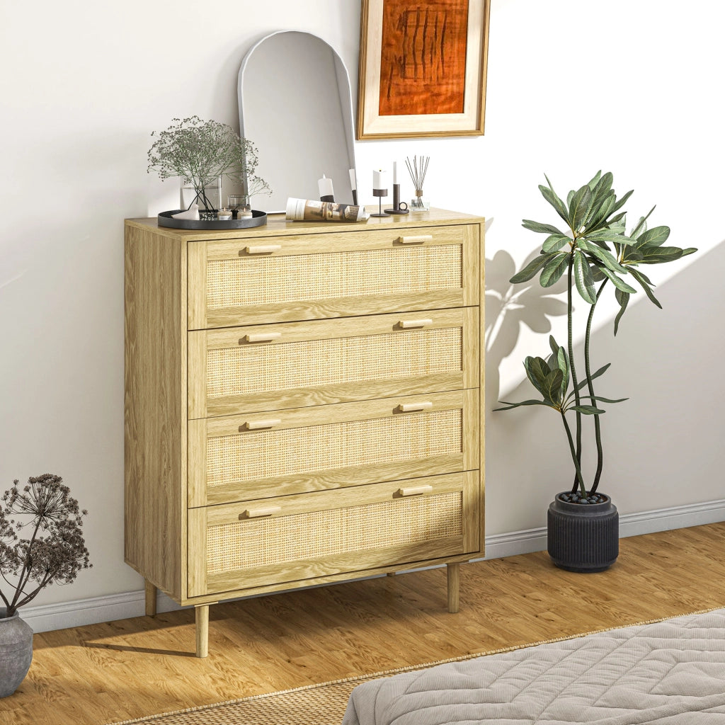 Cassettiera 4 cassetti con fronte in rattan ¨C Minimal ¨C 90x45x108,5 cm colore legno chiaro