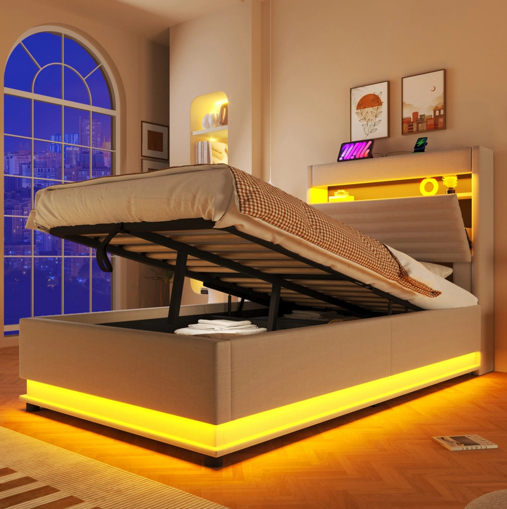 Letto imbottito 90x200 cm con contenitore idraulico; LED e porte USB/Type-C; beige