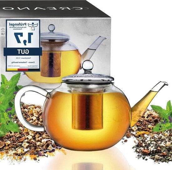 Teapot in vetro da 1.6l con setaccio in acciaio inossidabile integrato - preparazione di tè a piacere - senza gocce - tutto in uno