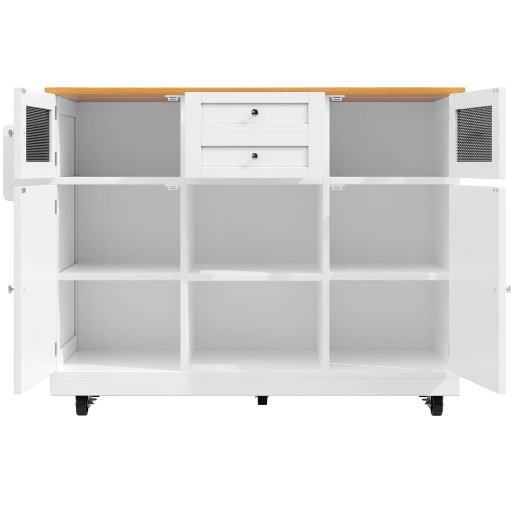 Carrello da Cucina con 2 Ante 2 Cassetti Ripiani Regolabili Portasciugamani e Ruote in MDF 140 x 40 x 93;5 cm Bianco