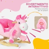 Cavallo a Dondolo Unicorno con 32 Canzoni, Base in Legno e Cintura di Sicurezza, Età 18-36 Mesi, Rosa