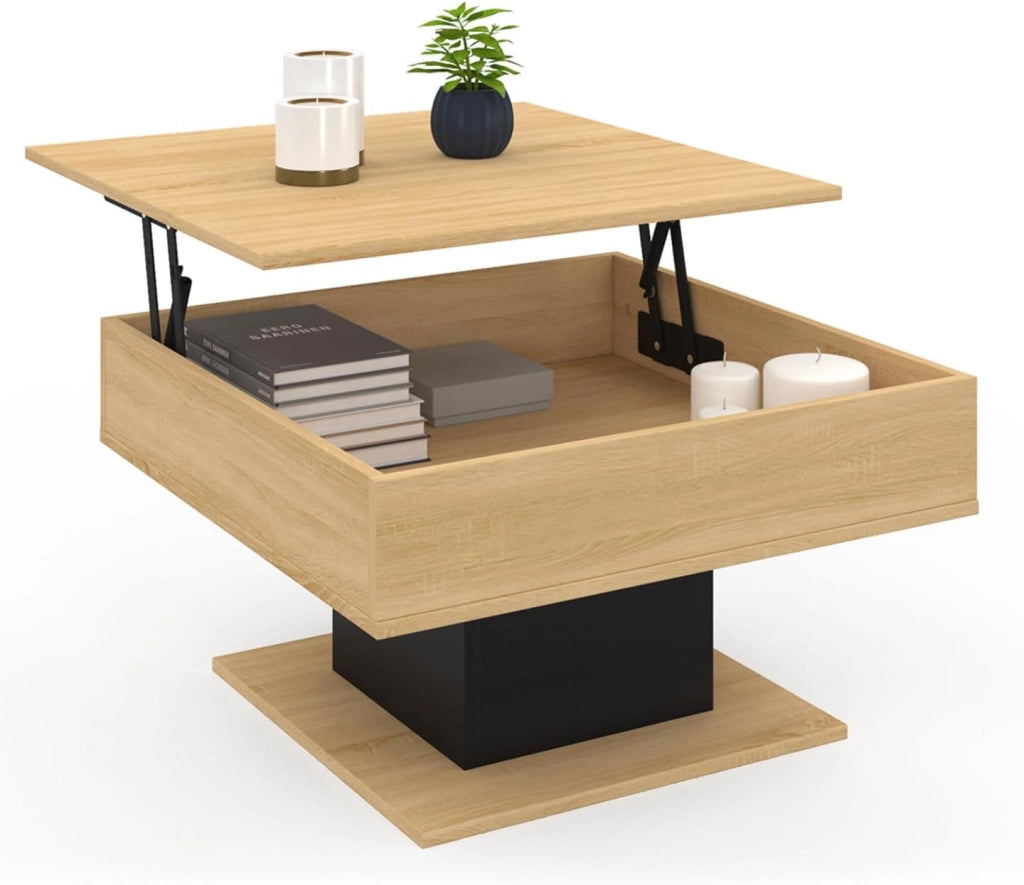 Mesa de centro cuadrada elevable EDEN de madera y negro