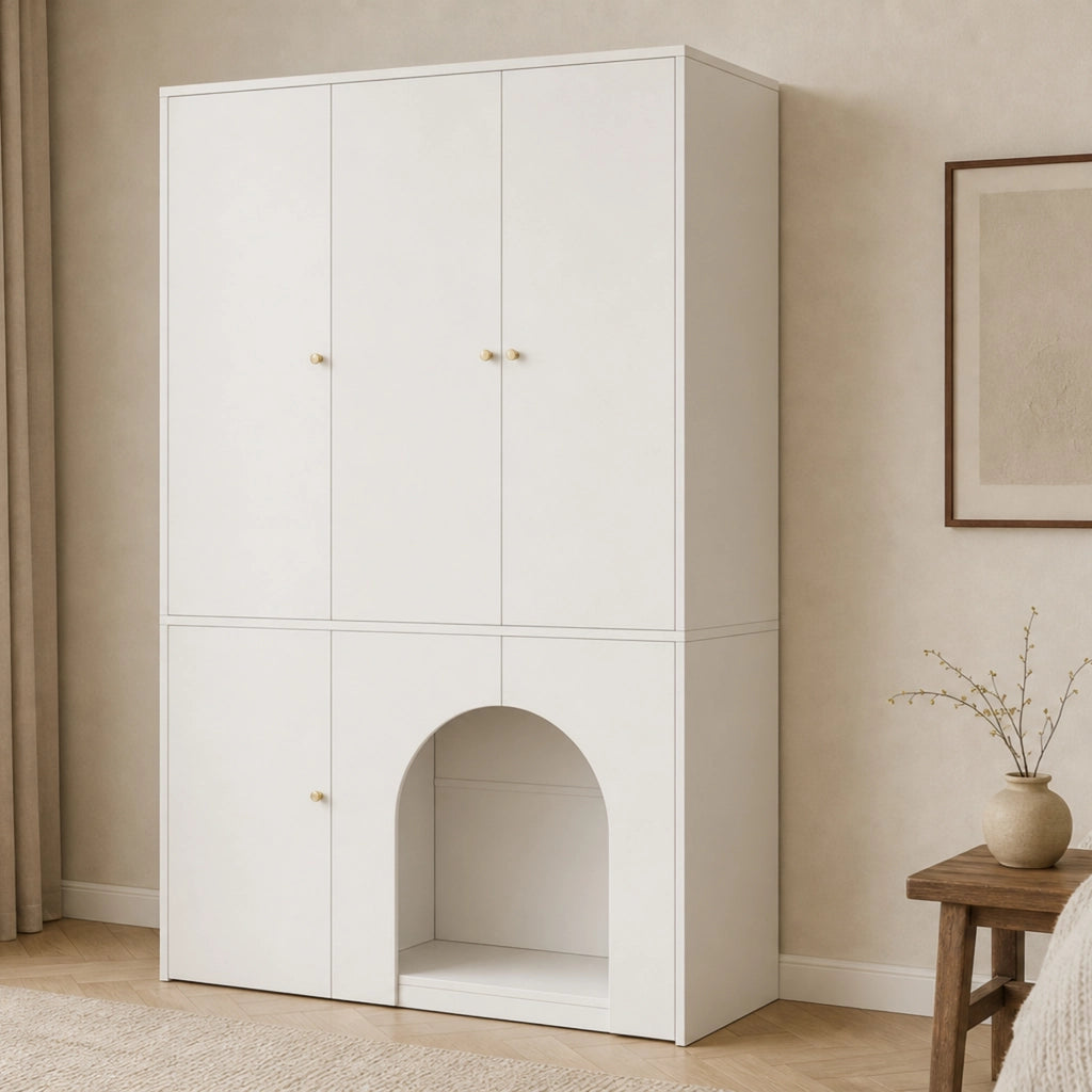 Armadio guardaroba a 3 ante con barra appendiabiti e ripiani, design ad arco, bianco, 120 × 50 × 200 cm