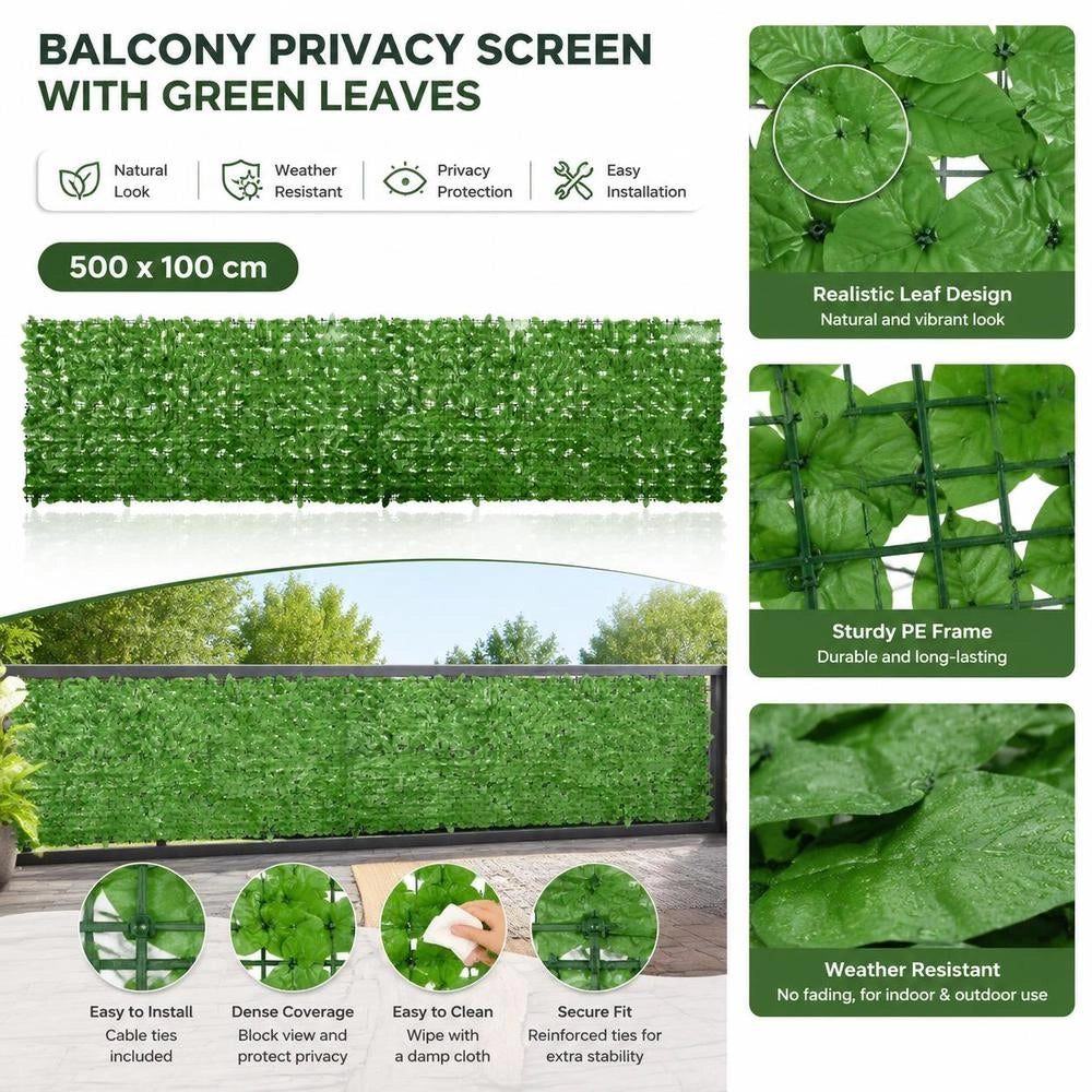 Balcony Privacy Screen With Green Leaves 500x100 Cm
