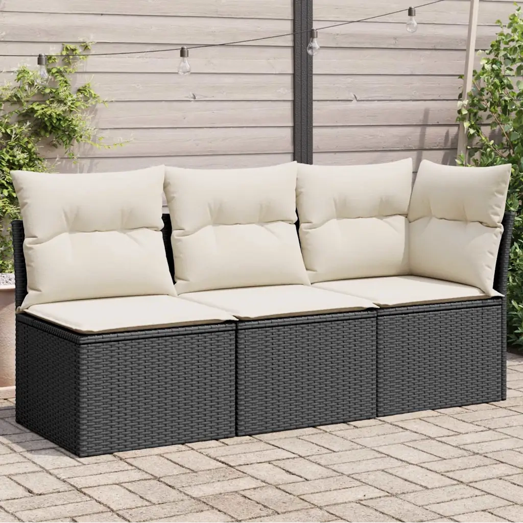 Divano da Giardino a 3 Posti con Cuscini-Sofa da Giardino-Divano da esterno Nero in Polyrattan 440026