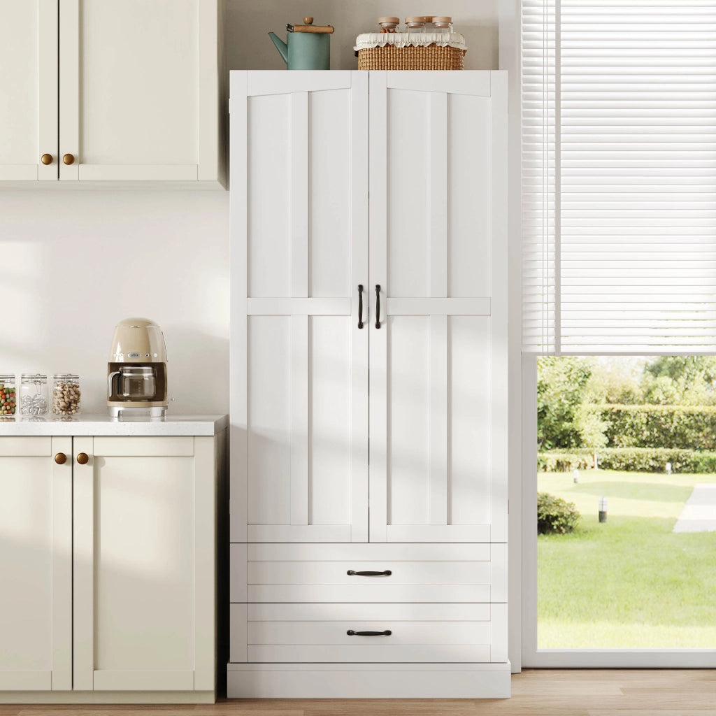 ARMADIO DISPENSA ALTO 180x80x37,5 cm MDF Bianco 3 ripiani estraibili 2 cassetti