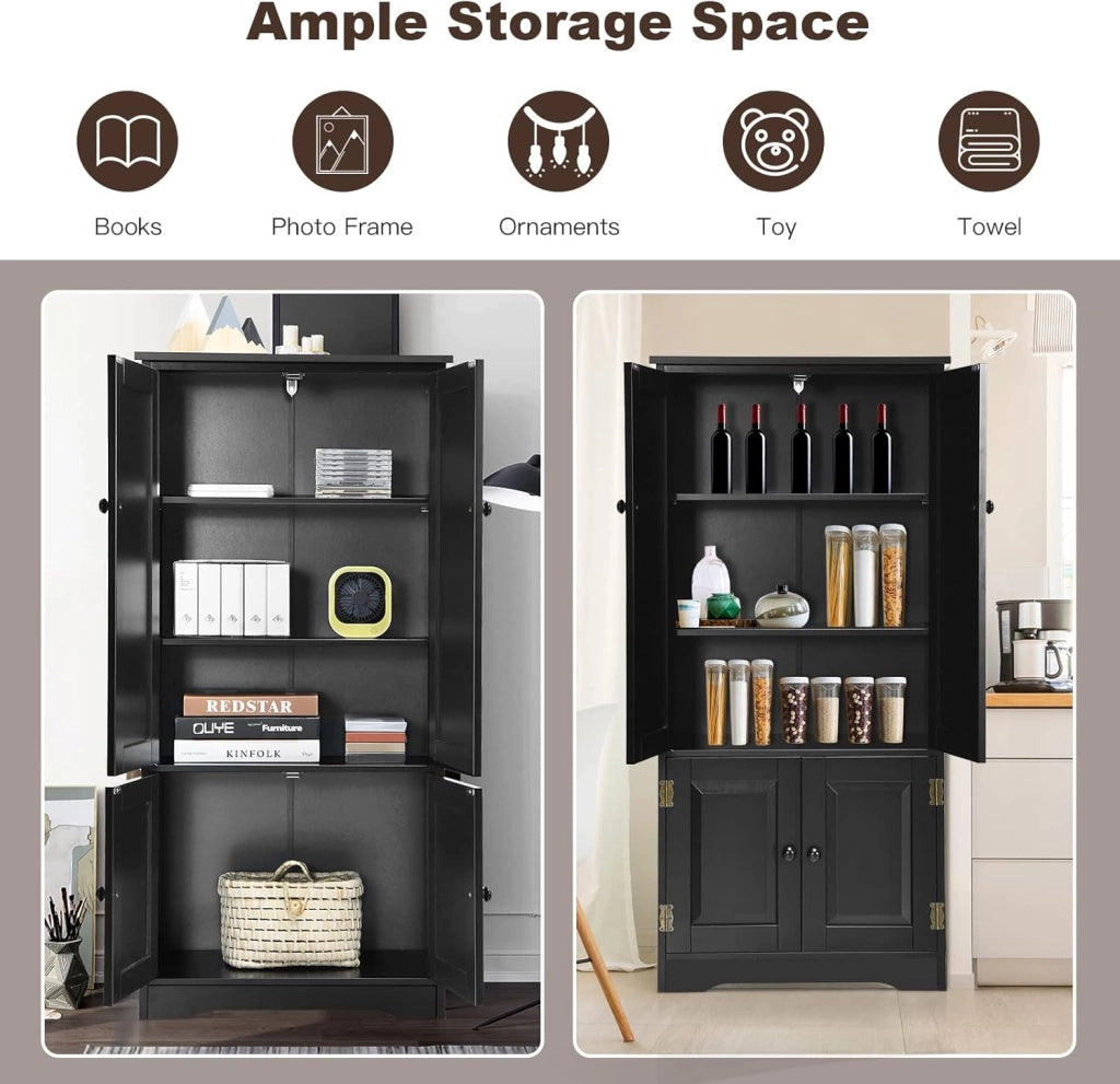 Mobile Multiuso, 4 Ante con Manico, Armadietto da Terra, 2 Ripiani Regolabili, per Bagno, Cucina, Soggiorno, Studio, Ufficio, 58,5x31,5x123 cm, Nero