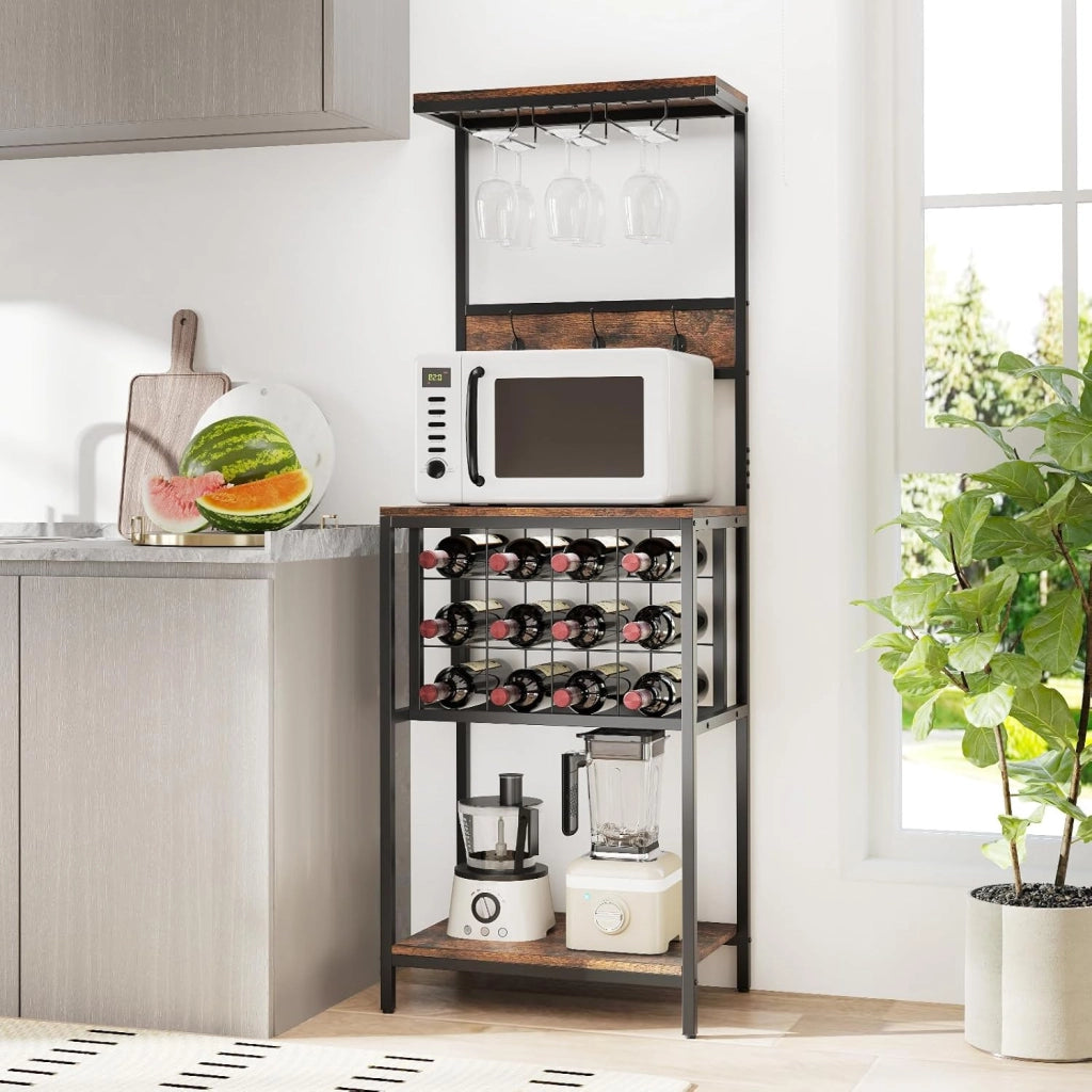 Scaffale da cucina con portabottiglie per 12 bottiglie, 3 ganci doppi e portabicchieri, 54 x 37 x 156 cm, organizer per sala da pranzo bar