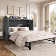 Letto a scomparsa 140x200 cm in lino grigio con cassetto, ripiano integrato e porte USB/Type-C