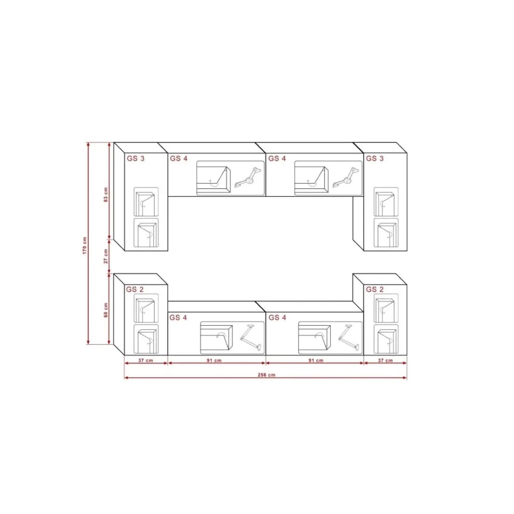 Set di mobili da salotto bianco sospeso collezione CEPTO I 256cm, 8 porte, 6 scaffali, led, modulari.