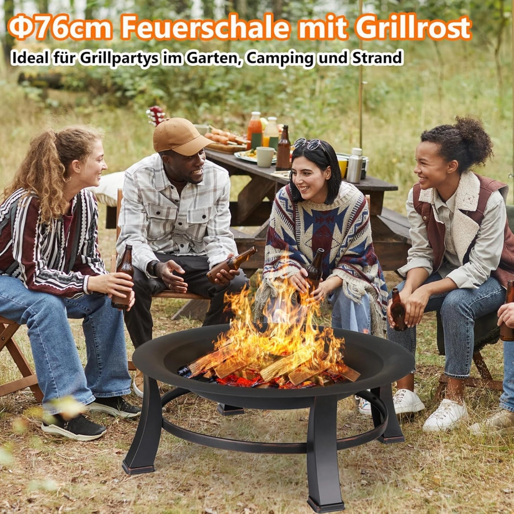Bracieri da Giardino, Ø 76 cm Braciere con Griglia, Braciere con Parascintille y Copertura Impermeabile 600D, Braciere da Esterno, Braciere Barbecue, Grande Bracere Multifunzionale, Fire Pit, Nero