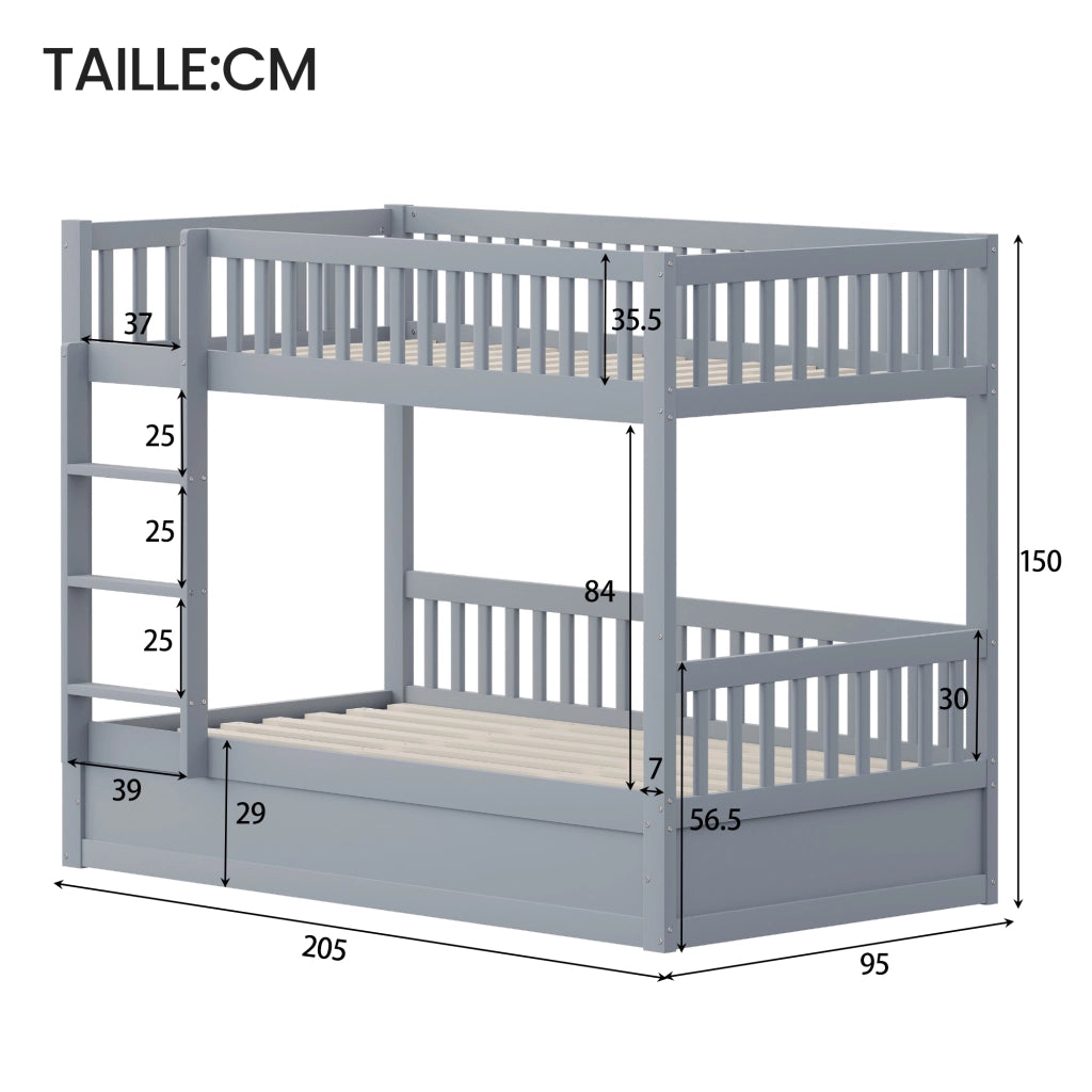 Letto a Castello 90x200 cm; 2 Posti - Contenitore Idraulico e Scala di Sicurezza - Grigio