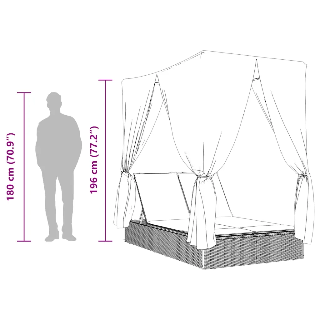 Lettino Prendisole con Tetto e Tende Nero in Polyrattan 368080
