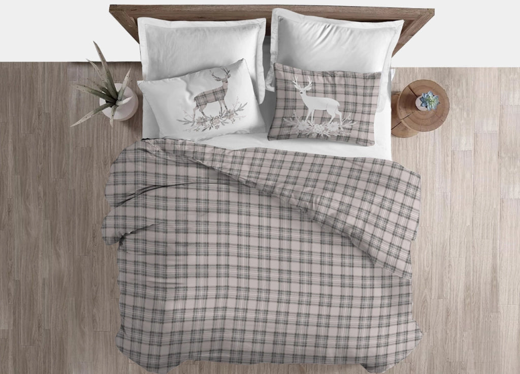 Copripiumino Sacco Piumone Cotone Flanella Pensieri Delicati Dis. Tartan Cervo - Matrimoniale - Beige