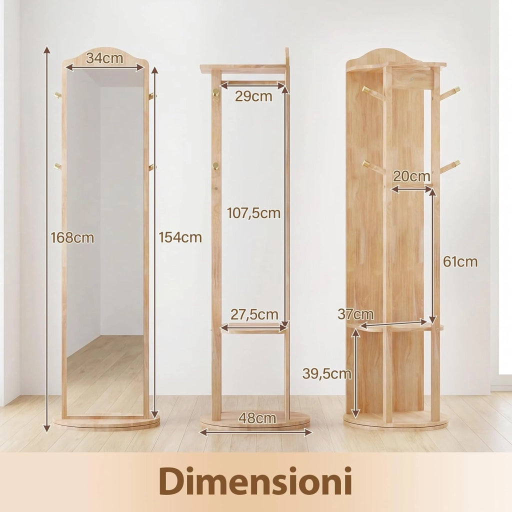 Appendiabiti Girevole a 360° con Specchio, Specchio a Figura Intera da Terra con Ripiani e Ganci, Appendiabiti per Soggiorno, Camera da Letto e Guardaroba (Stile 2)