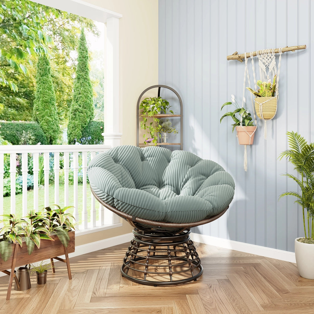 Poltrona Papasan Girevole 360 con Cuscino Imbottito; Design Ergonomico per Soggiorno o Camera; Acciaio Marrone Verde Chiaro