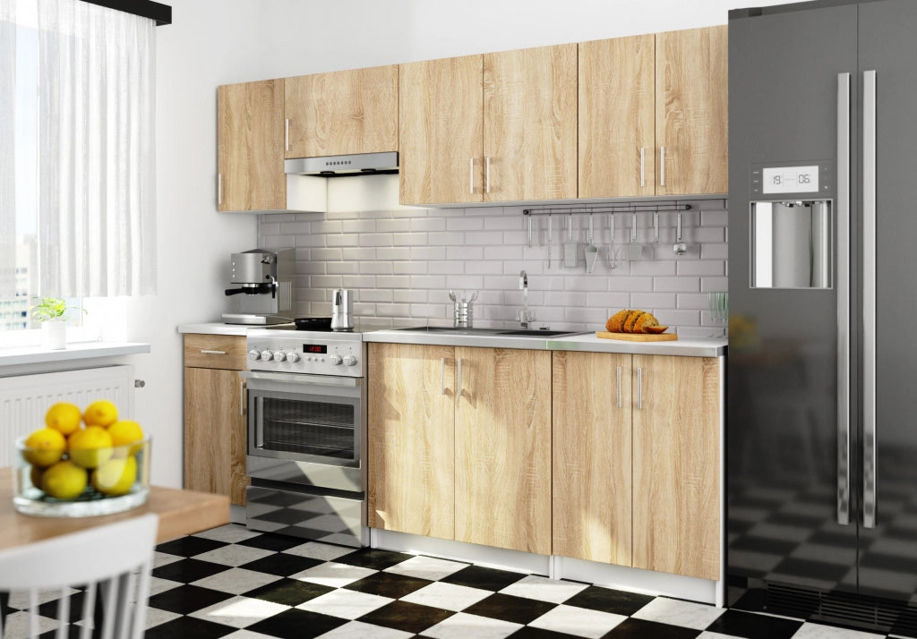 AKORD Set di Mobili da Cucina LIMA 240 cm Bianco 240 cm 11 ante 1 cassetto inserto frontale Sonoma Quercia 240x44,5x203 cm