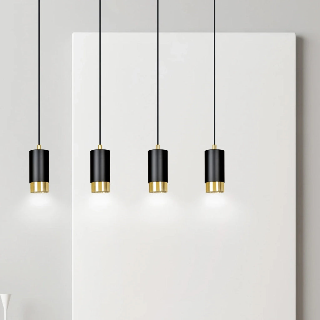 Lampadario 4 Luci Ivar Con Cilindri In Acciaio Nero E Oro