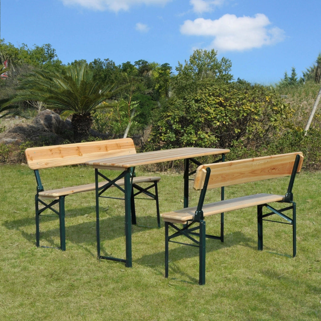 Set Birreria da Esterno Tavolo e 2 Panche con Schienale Pieghevoli in Legno di Abete