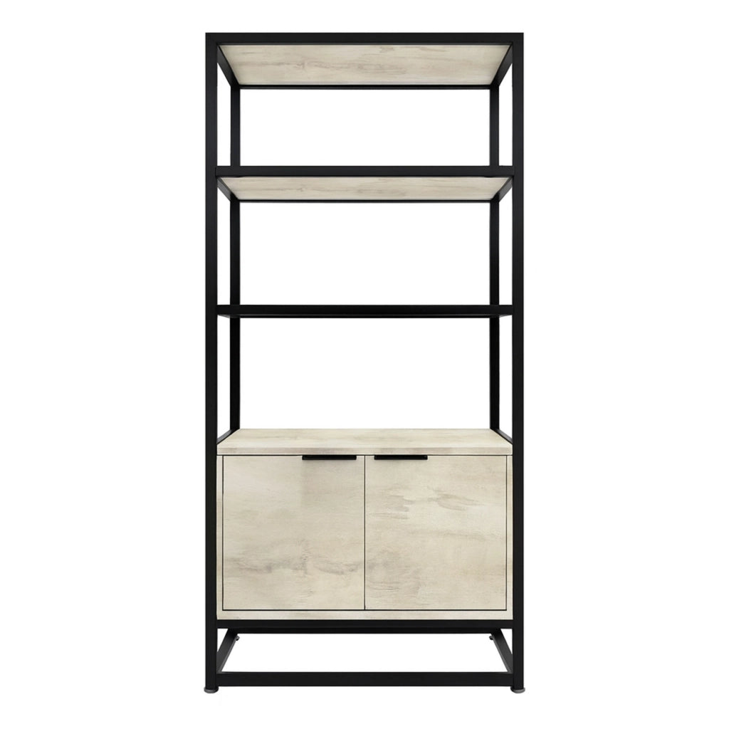Edo - Scaffale Libreria a Muro 76x162,5x33,5 cm 3 Ripiani con Mobiletto 2 Ante in Legno Bleach Struttura in Metallo Nero
