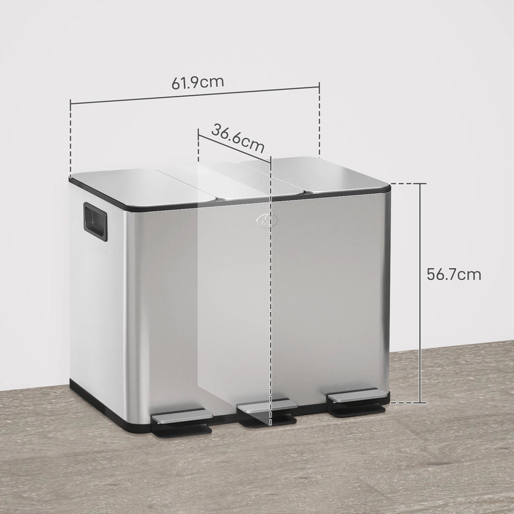 Pattumiera a Pedale 3 Sezioni da 20L 61,9x36,6x56,7 cm in Acciaio Inox e PP