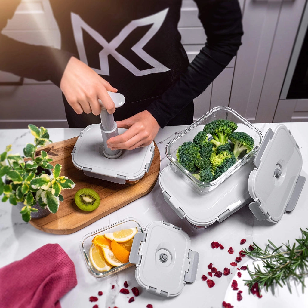 Contenitori sottovuoto in vetro KADAX per alimenti, adatti a frigorifero e microonde, con pompa, confezione da 4 pezzi.