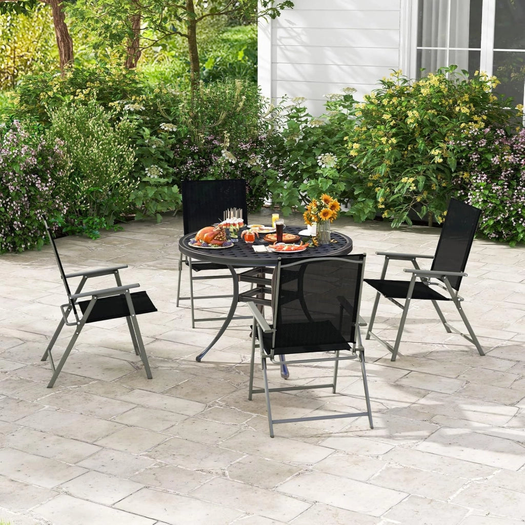 Set di 4 sedie da giardino pieghevoli, con schienale alto e bracciolo, in metallo e tessuto, portata fino a 150 kg (nero, 2)