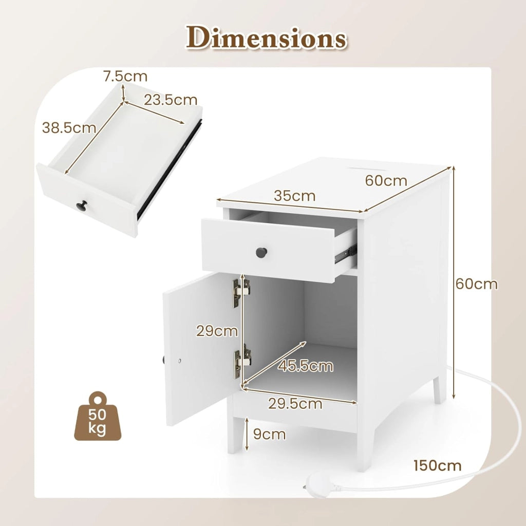 Tavolino ausiliario con cassetto e porta, 60 x 35 x 60 cm, comodino con spazio di archiviazione, tavolo laterale con prese e porte, comodino per camera da letto, soggiorno (bianco)