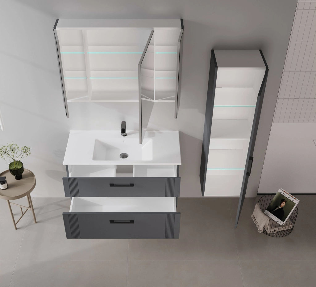 Mobile da bagno con specchio "Bari 100" - 97 x 16 x 66 cm - Antracite opaco