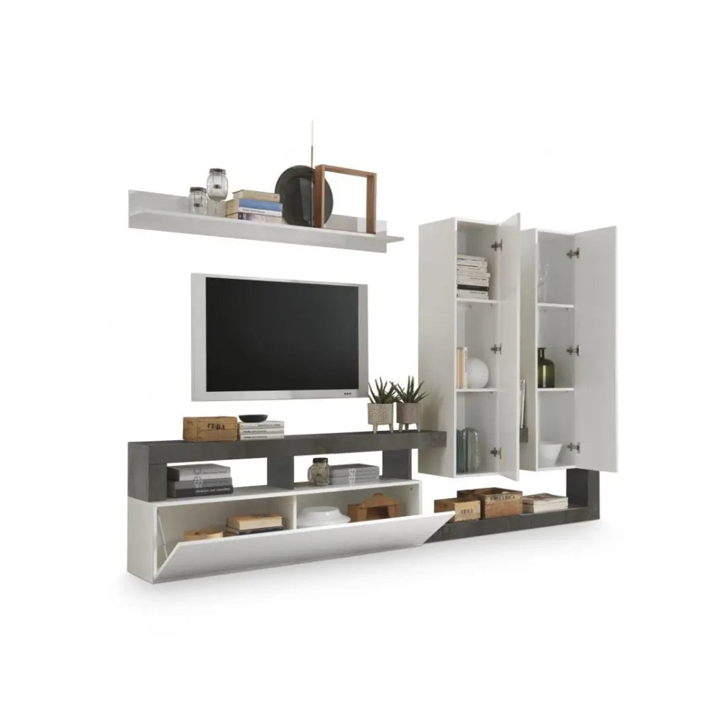 Set di mobili da salotto con ripostigli, collezione BURA, bianco lucido/grigio antracite