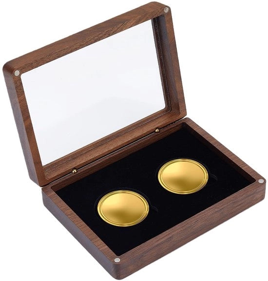 Scatola di conservazione in legno - Cassa per monete con 2 aperture - Vetrina per monete da collezione - Portatile - Accesso facile - 95 x 131 mm - Vetrina per monete