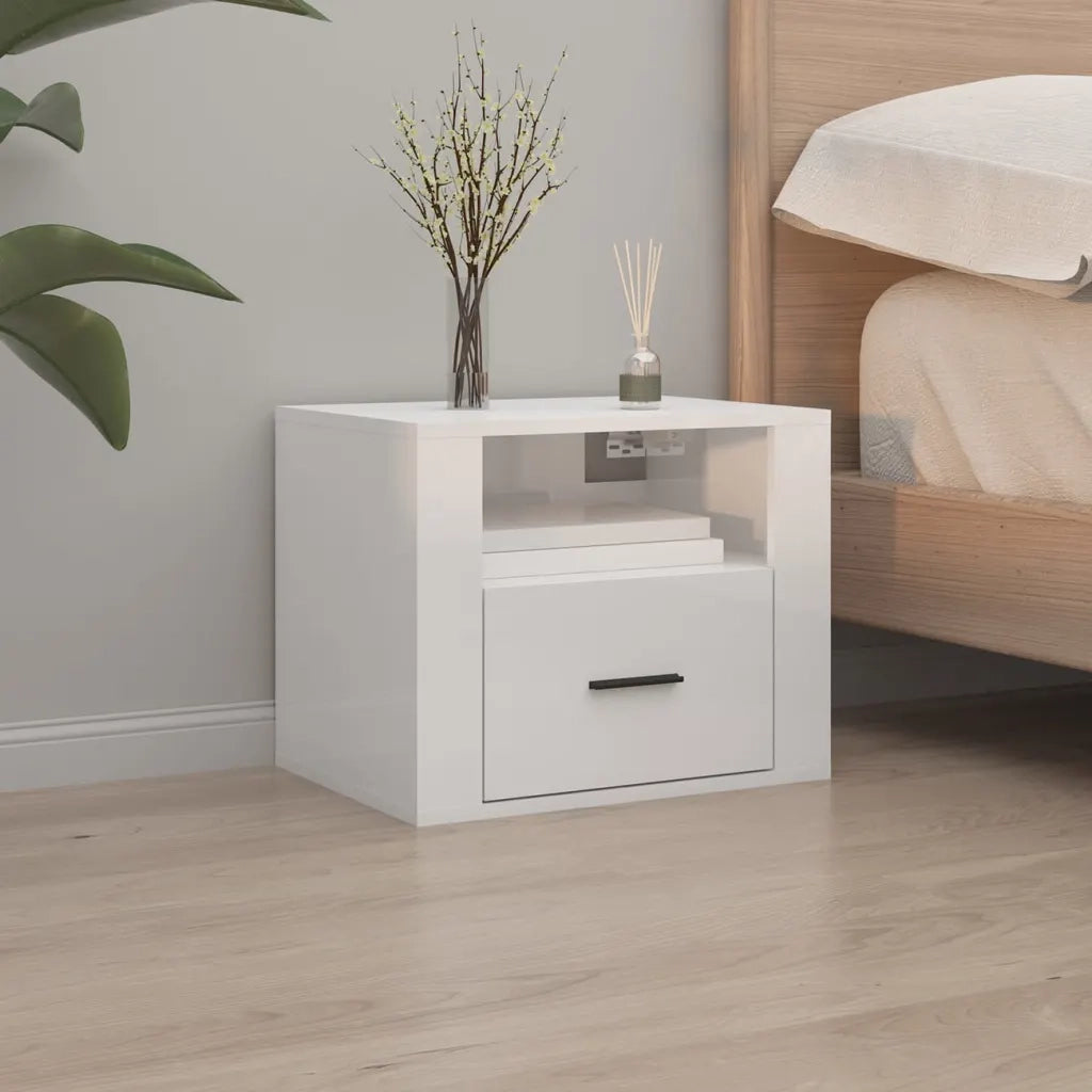Set di 2 Comodini | Armadio da Notte | Mobiletto da notte a Muro Bianco Lucido 50x36x40 cm