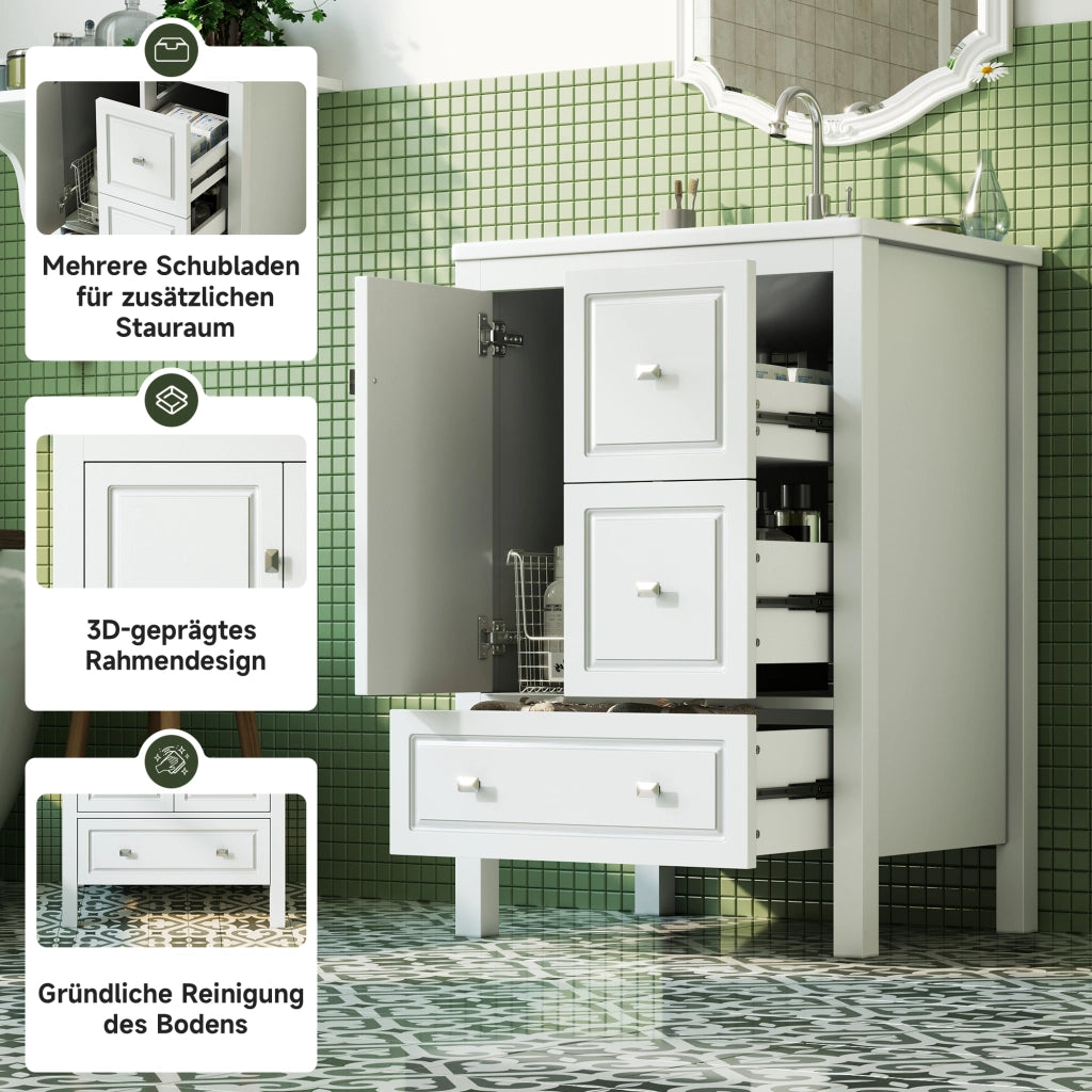 Mobile sottolavabo da bagno con lavabo in ceramica 1 anta e 3 cassetti per bagno in MDF e ceramica bianco 62 × 47 × 90 cm
