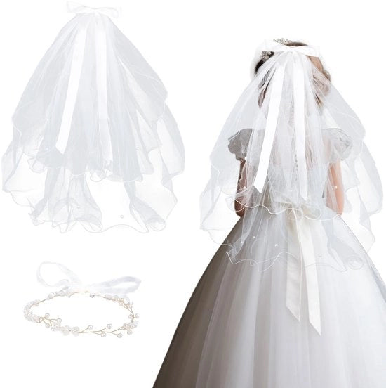 Set di veli per comunioni - Velo in tulle bianco 55x80cm - Fiore a raggiera - Velato religioso - Accessori per cerimonie - Stile elegante - Velo da comunioni