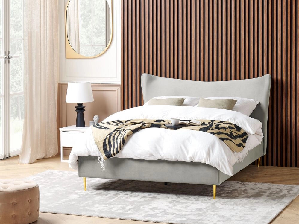 Letto in velluto grigio con struttura 140 x 200 cm gambe imbottite oro testiera stile glamour moderno