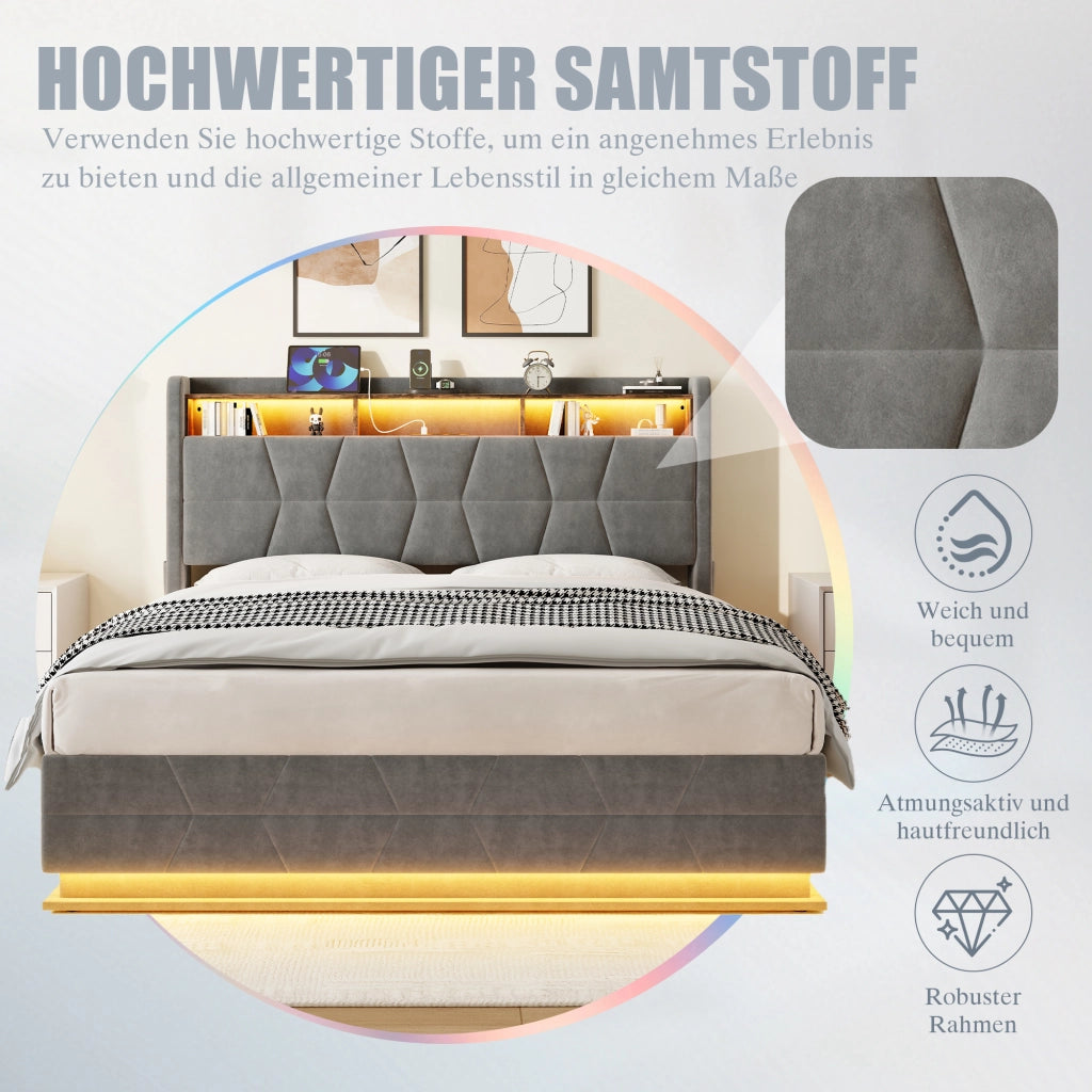 Letto contenitore 140 × 190 cm con LED, ripiani aperti, tasche laterali e USB Type-C, senza materasso, grigio scuro