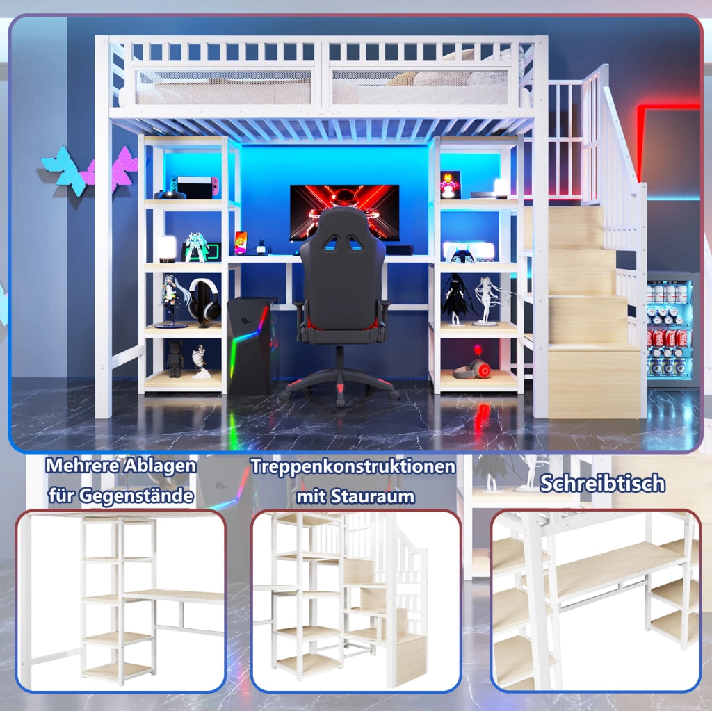 Letto a soppalco 90x200 cm con scrivania, LED e USB bianco