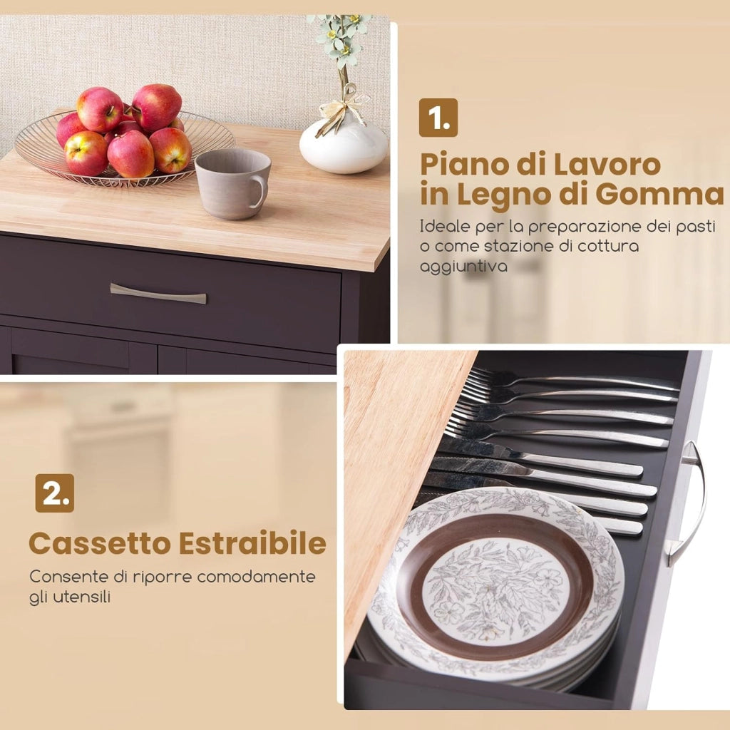 Carrello da Cucina con Cassetto, Isola da Cucina con 2 Ante Vassoio Inferiore e Porta Asciugamani, Carrello con Ruote per Sala da Pranzo Soggiorno Bar, 73 x 48 x 90 cm (Marrone)