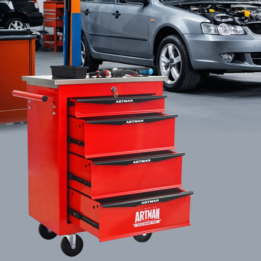Carrello portautensili a 4 cassetti con ruote e serratura rosso e nero HOMVRA