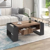 Tavolino in Legno Effetto Naturale con Cassetto Senza Maniglia, Scomparto Anteriore e Posteriore, Tavolino da Salotto Spazioso, Antracite, Nero + Grigio