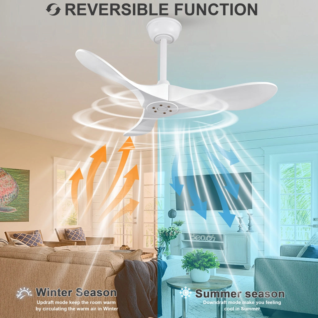Ventilatore da soffitto bianco design moderno 36 pollici, 3 pale legno massello, senza illuminazione, motore DC reversibile silenzioso
