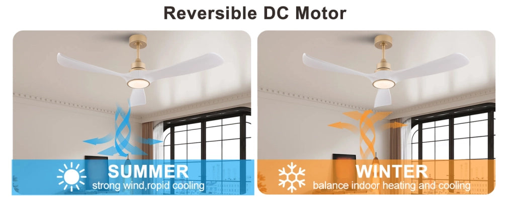 Ventilatore da soffitto 52" bianco-oro con luce, telecomando e motore DC reversibile silenzioso, 3 pale in ABS