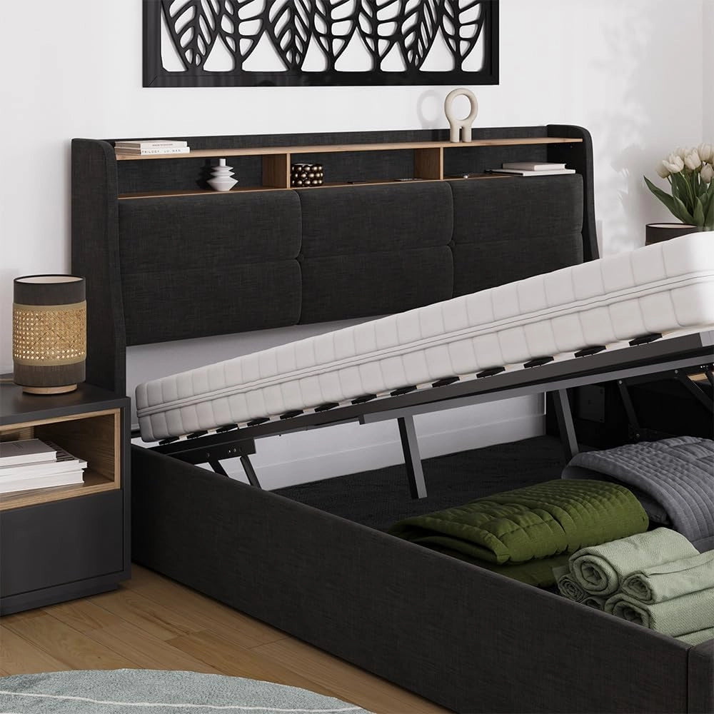 Letto imbottito Christin, Antracite/quercia, 180x200 con LED e porta USB