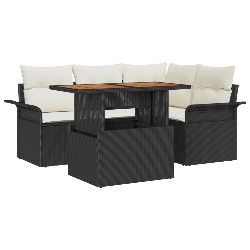 Set divano da giardino a 5 pezzi con cuscini in rattan nero e poliestere