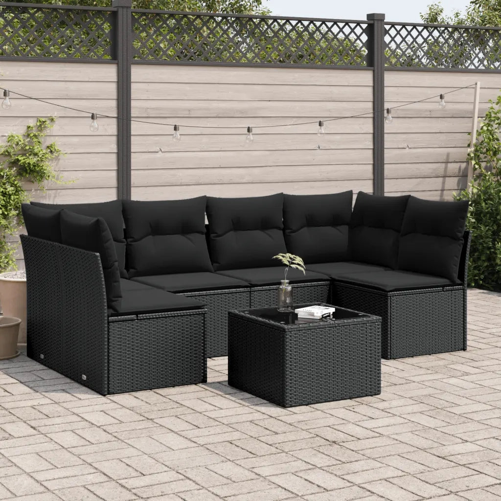 Set Divani da Giardino con Cuscini 7pz Nero Polyrattan