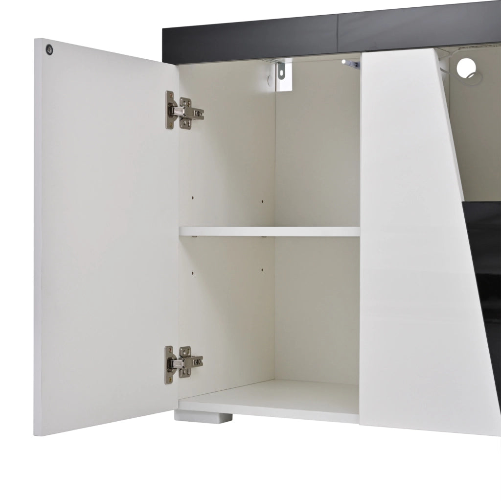 Sideboard 140x40x65 cm con 4 ante; LED e finitura lucida; bianco e nero